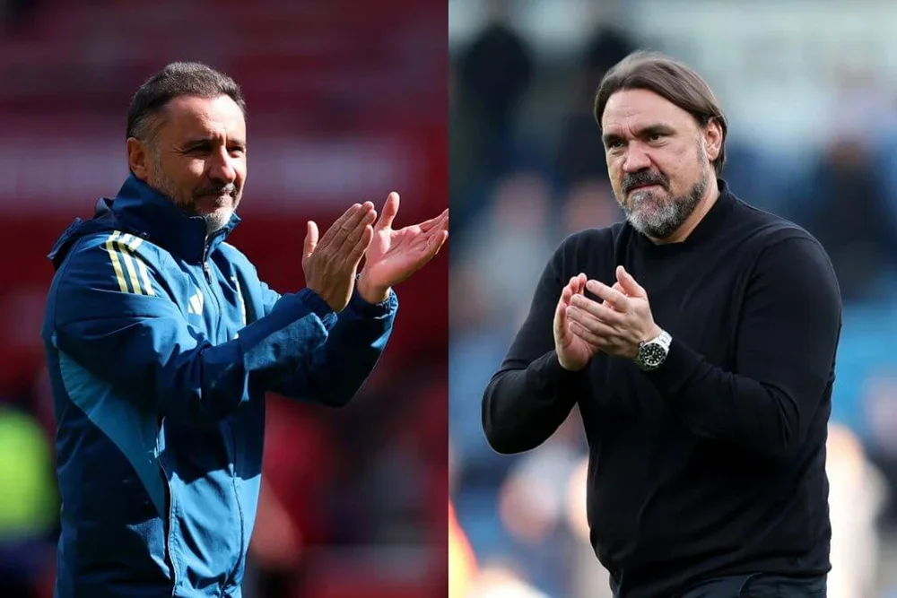 A split image of Forest head coach Vitor Pereira (left) and Leeds manager Daniel Farke (right), both applauding