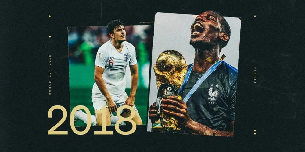 A design featuring two photos behind the number 2018: Harry Maguire of England looking distraught on his knees; Paul Pogba of France shouting in celebration while holding the World Cup trophy